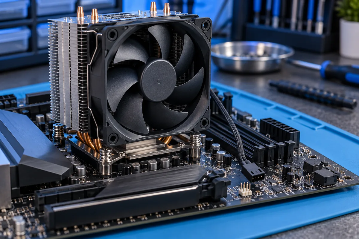 Desktop CPU cooler and fan connector on a powered-off motherboard