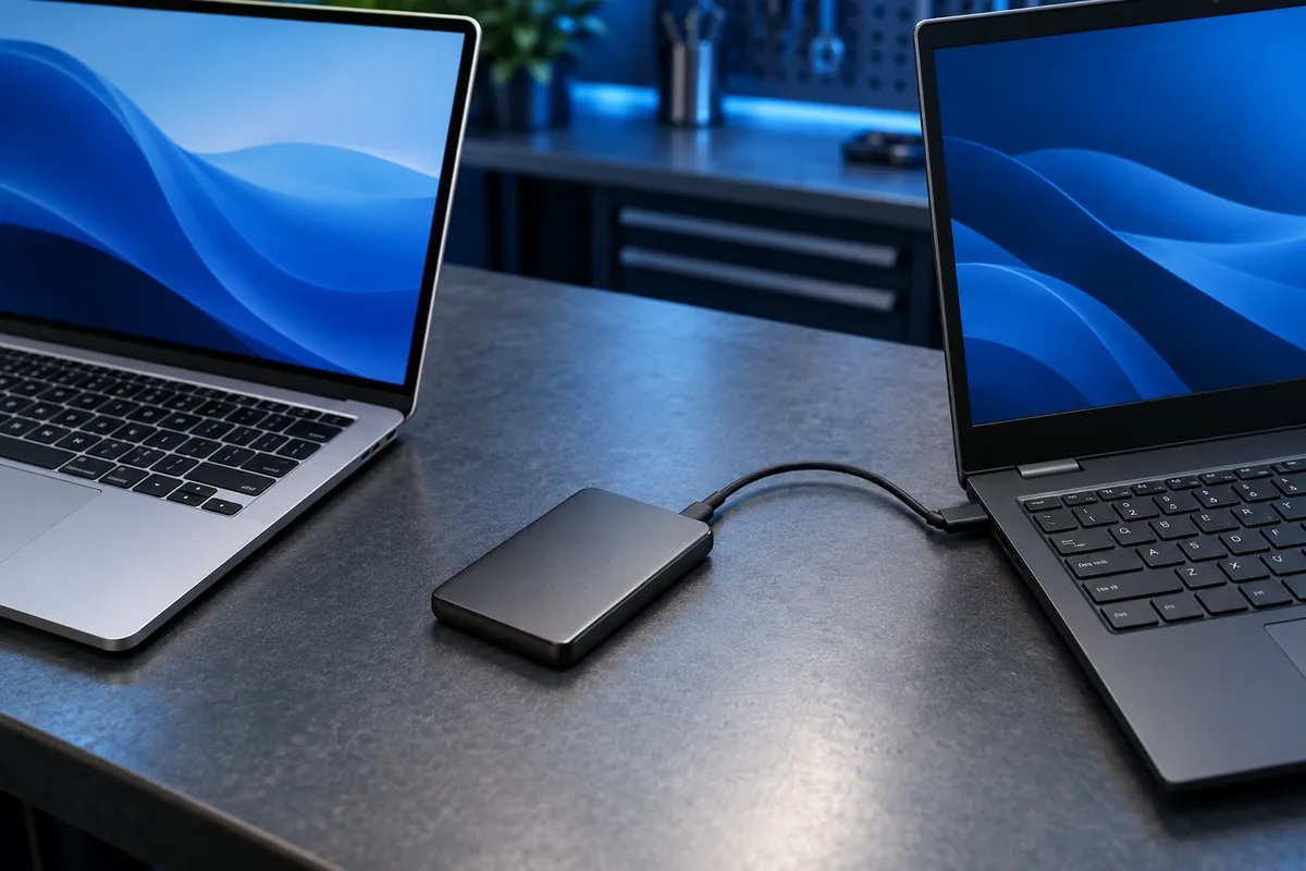 Внешний SSD между двумя ноутбуками; иллюстрация обмена файлами между Windows и Mac.