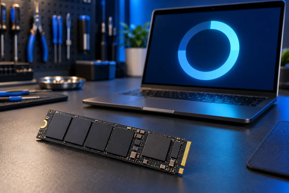 SSD M.2 рядом с абстрактной диаграммой ёмкости на экране ноутбука; иллюстрация дискового пространства.