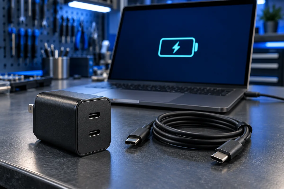 Двухпортовый адаптер USB-C рядом с заряжающимся ноутбуком