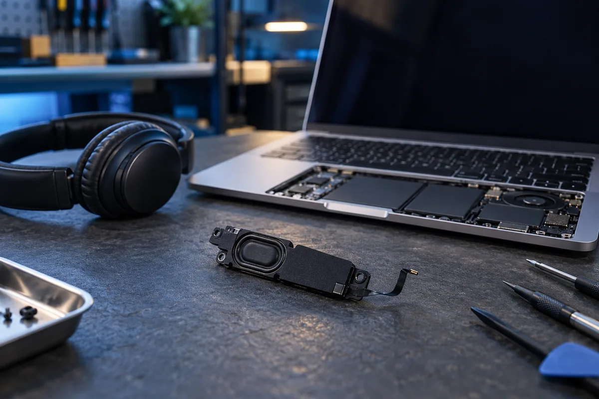Silver laptop with headphones set aside and a speaker module on a workbench