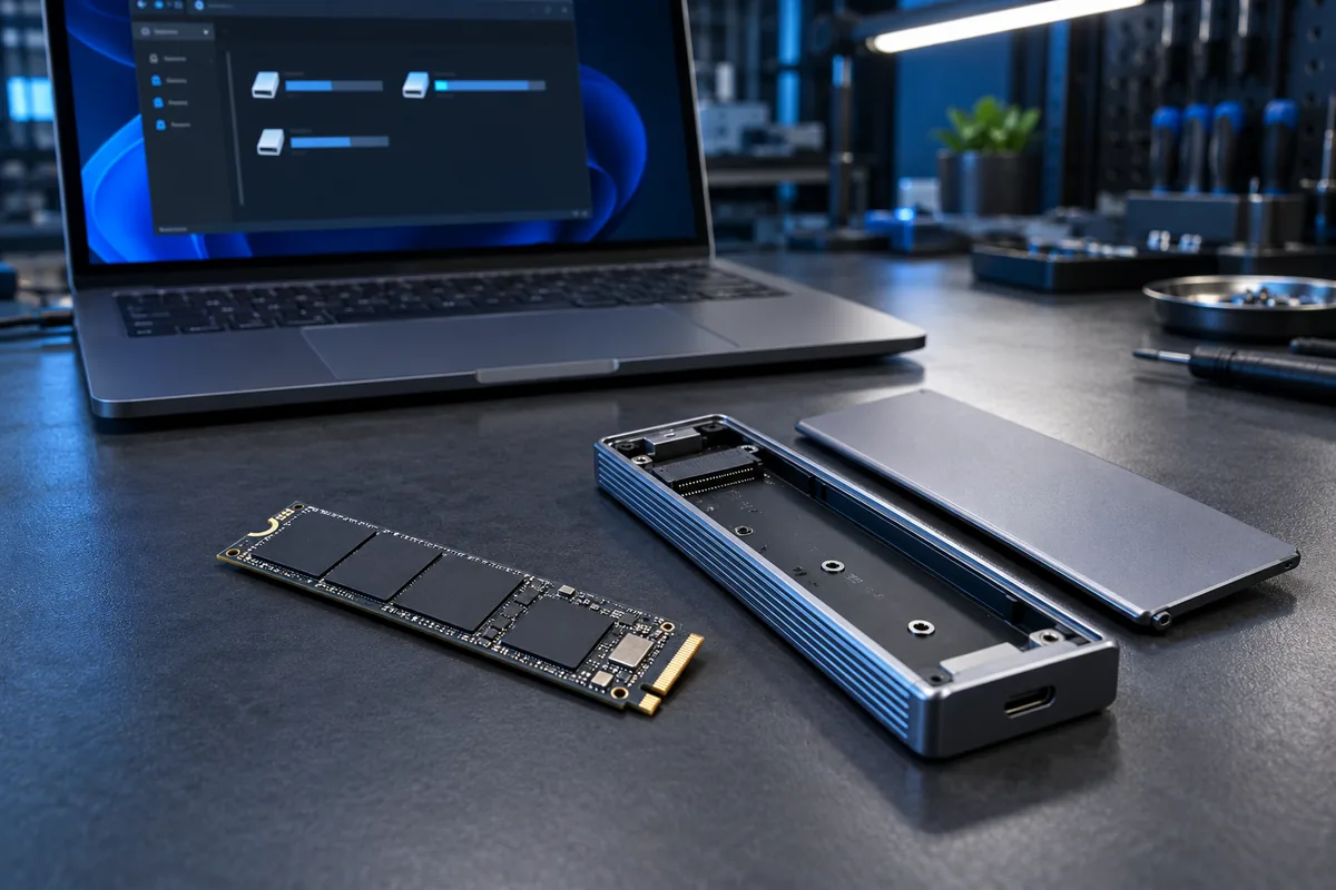 Новый SSD M.2 рядом с внешним корпусом и ноутбуком; иллюстрация подготовки накопителя.