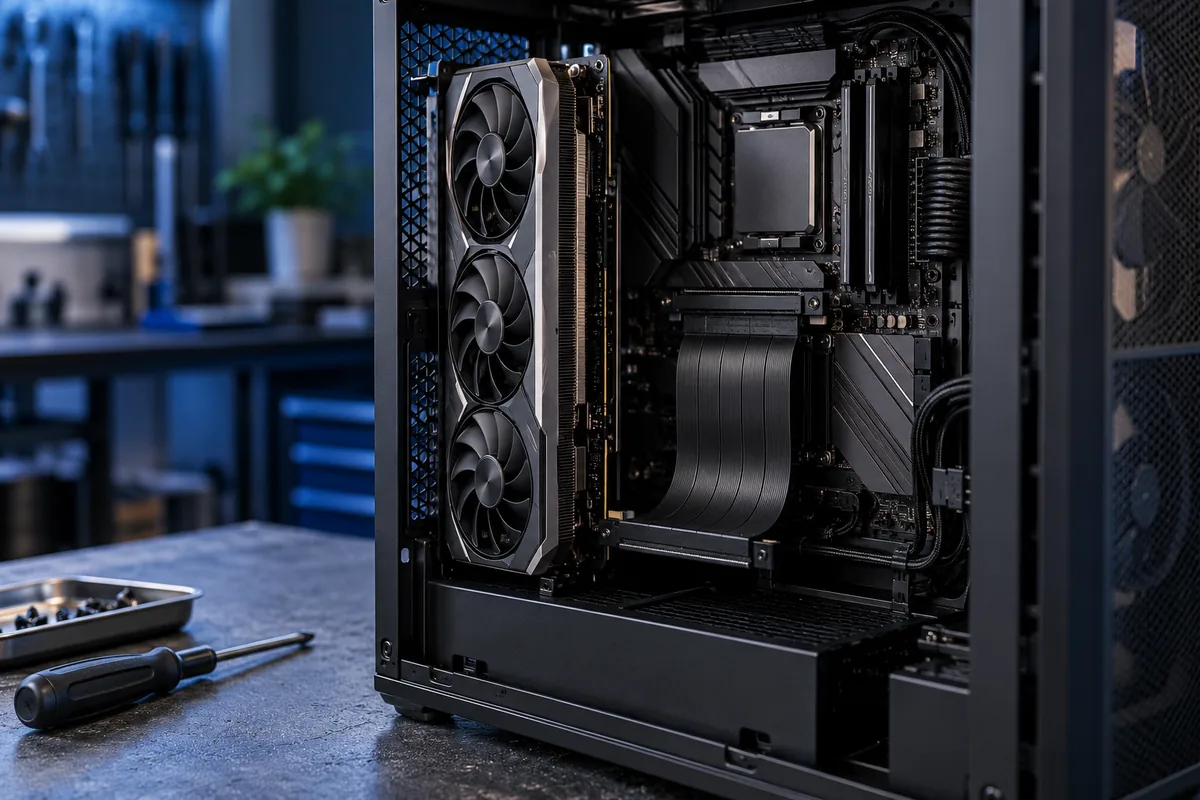 Vertically mounted desktop graphics card connected by a PCIe riser ribbon