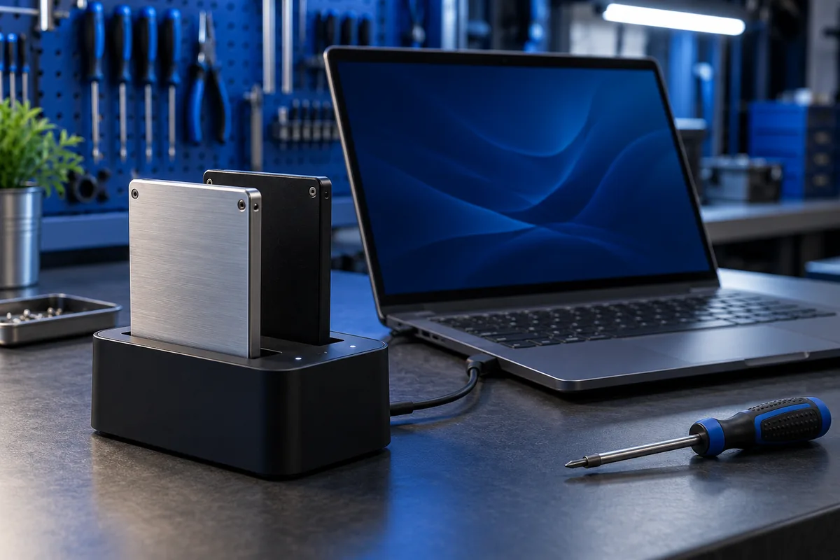 Два SSD рядом с ноутбуком и устройством для клонирования; иллюстрация переноса системы.
