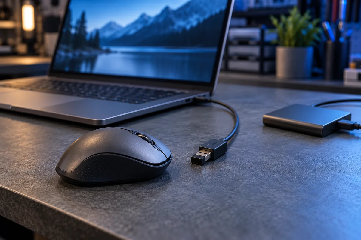 Belaidė pelė, USB imtuvas ant ilgintuvo ir atokiau padėtas išorinis SSD