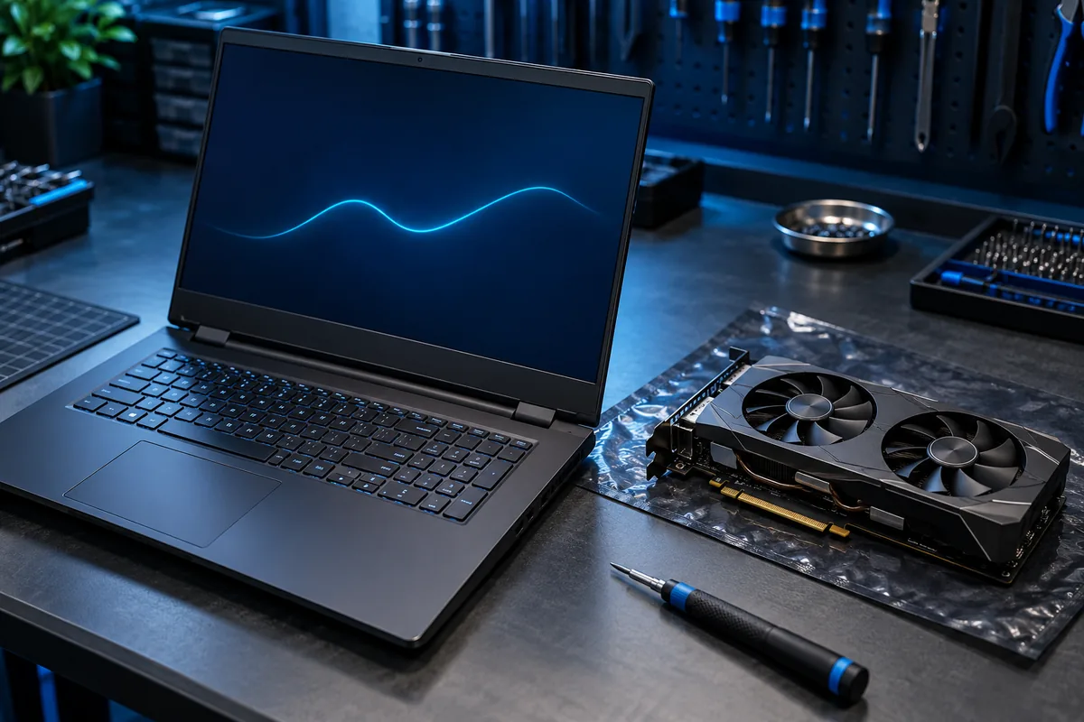 Gaming laptop and a separate graphics card on a desk