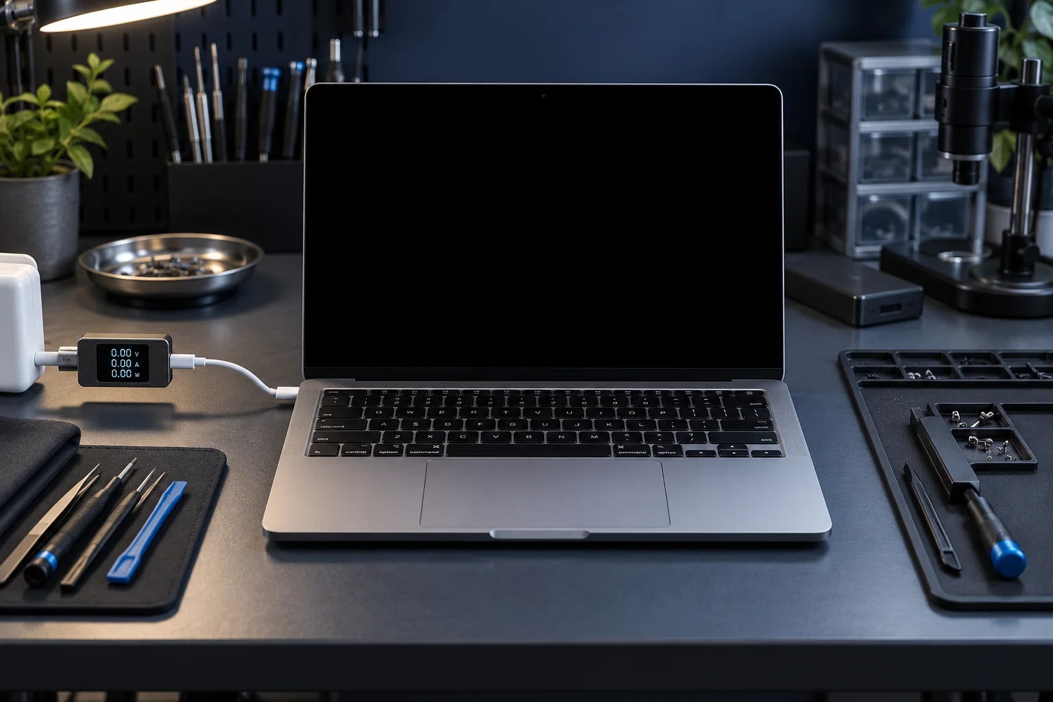 MacBook with an unlit screen on a diagnostics workbench