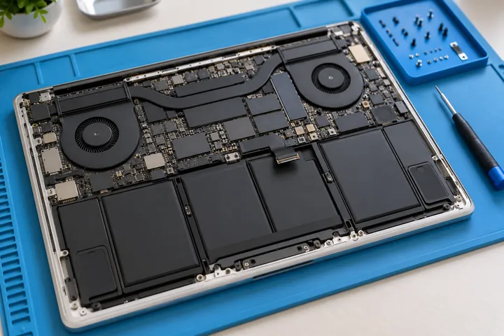 Inspecting the battery and cooling system of an open MacBook