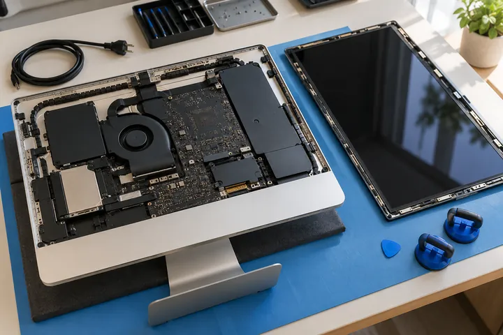 Open iMac with its removed display resting on protective padding