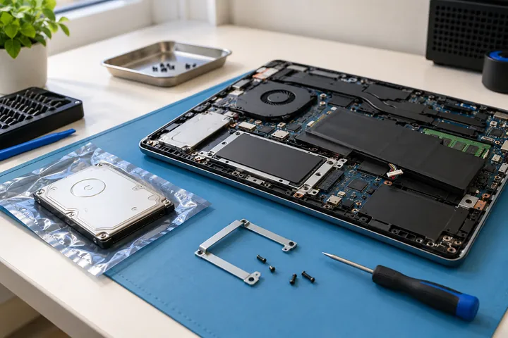 Установленный SSD и отдельно лежащий прежний накопитель