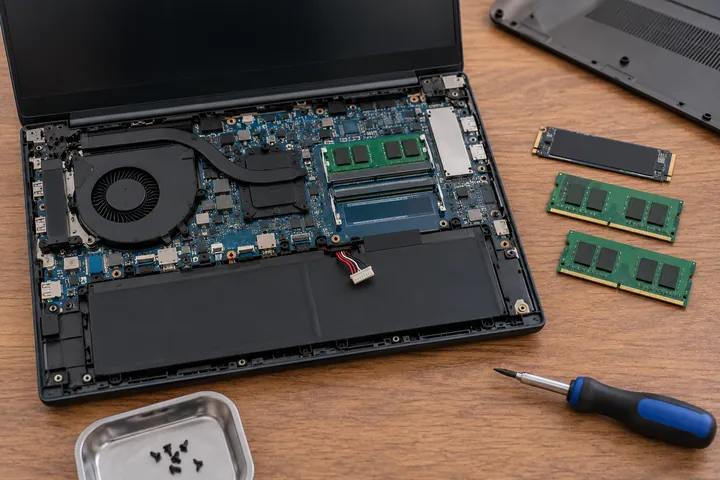SSD ir RAM dalys prie atidaryto kompiuterio