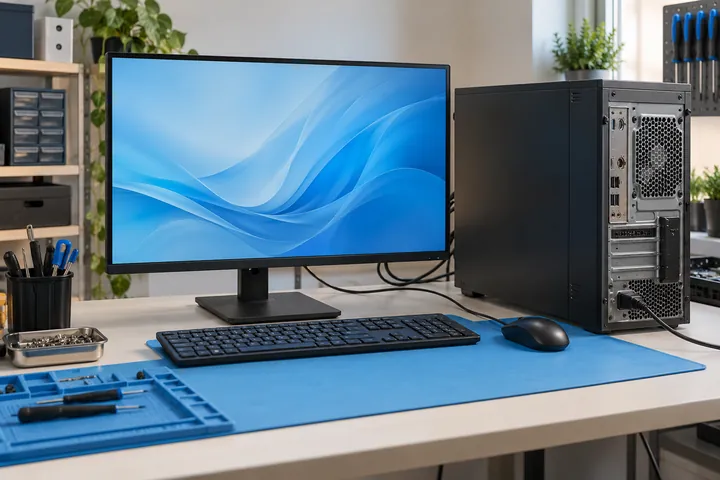 Startup test setup for an assembled desktop computer