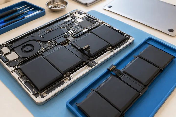 Atidaryto MacBook baterija ir pakaitinis baterijos modulis