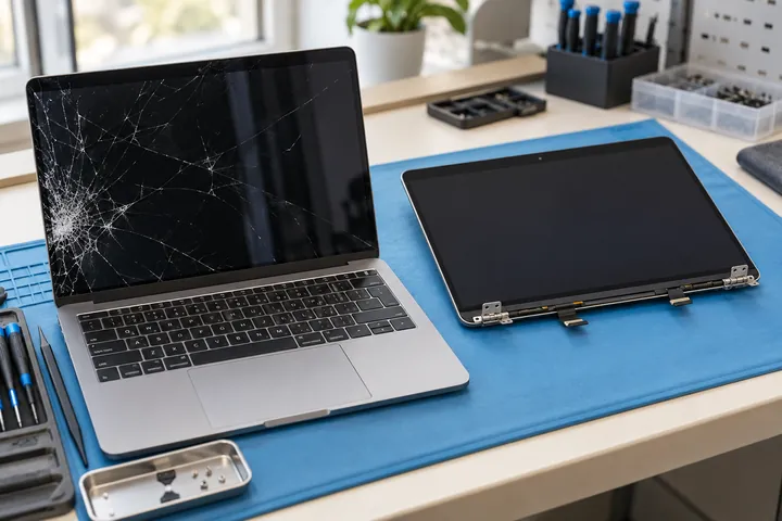 Повреждённый экран MacBook и сменный экранный модуль