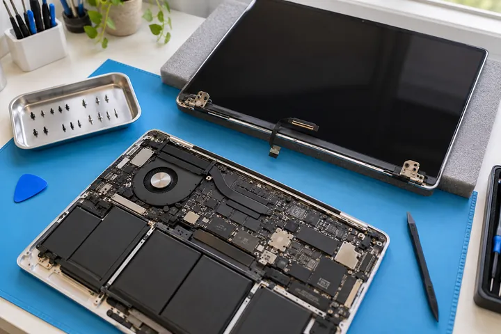 Шлейф экрана и крепления петли открытого MacBook