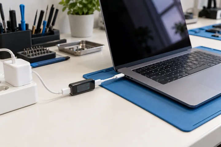 USB-C įkrovimo jungties patikra su matuokliu