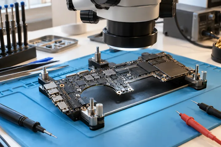 MacBook loginė plokštė po mikroskopu