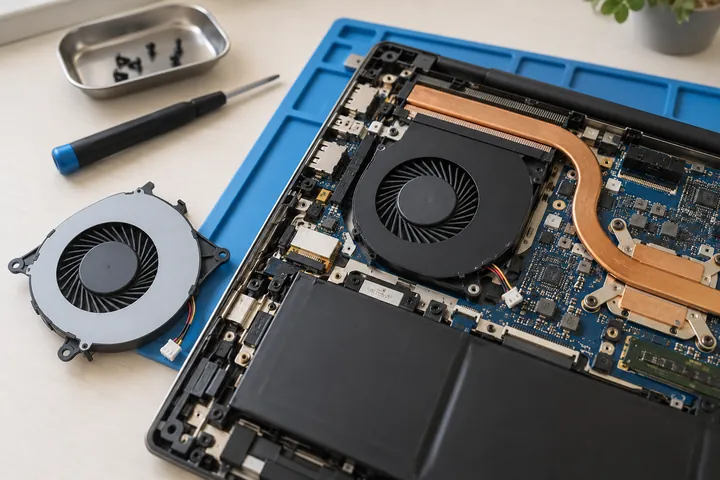 Laptop fan beside a replacement part