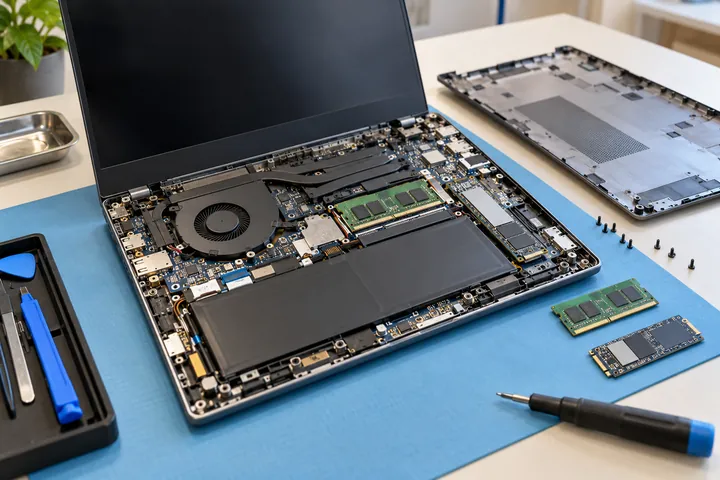 Main components inside an open laptop