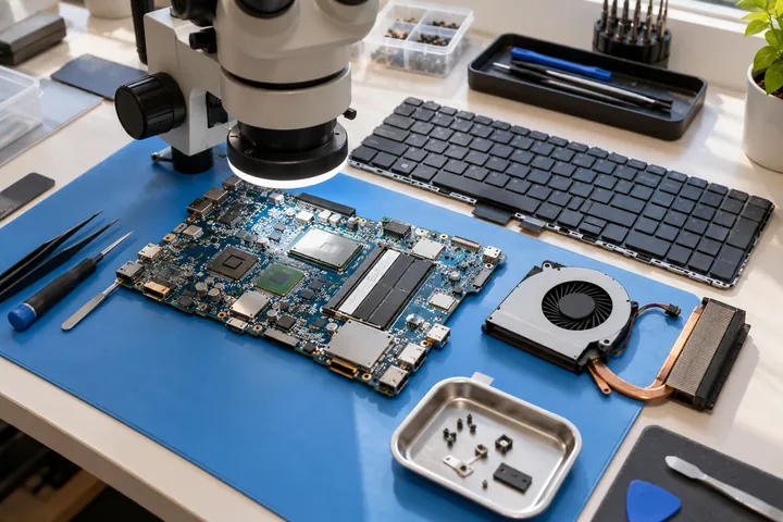 Laptop motherboard, keyboard and cooling fan