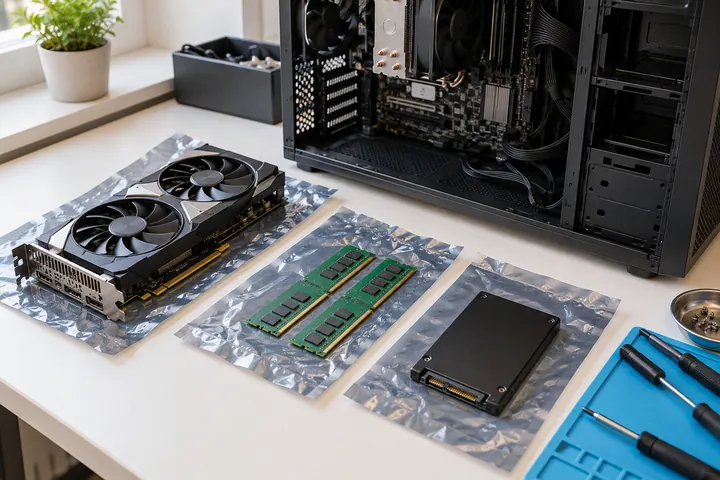Видеокарта, RAM и SSD рядом с корпусом компьютера