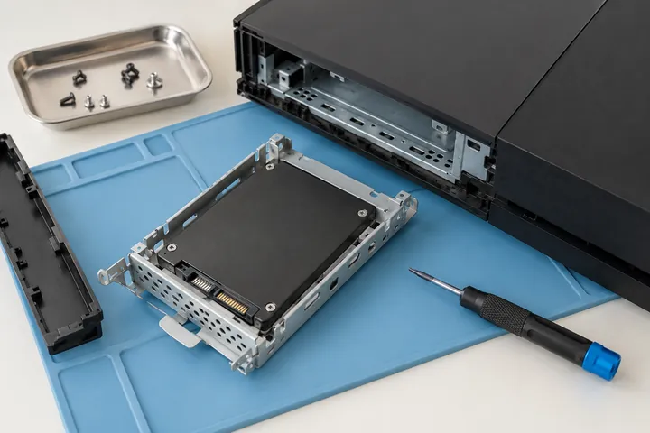 SSD закреплён в креплении накопителя игровой консоли