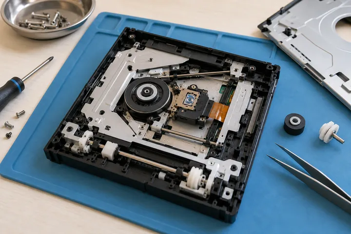 Ролики и держатель диска разобранного оптического привода