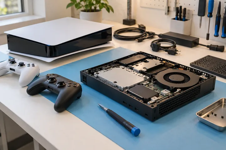 Games consoles and controllers at a repair workbench