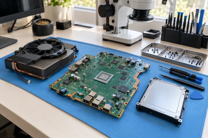 Console motherboard, fan and closed storage drive