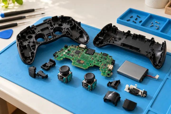 Disassembled game controller and analogue-stick modules