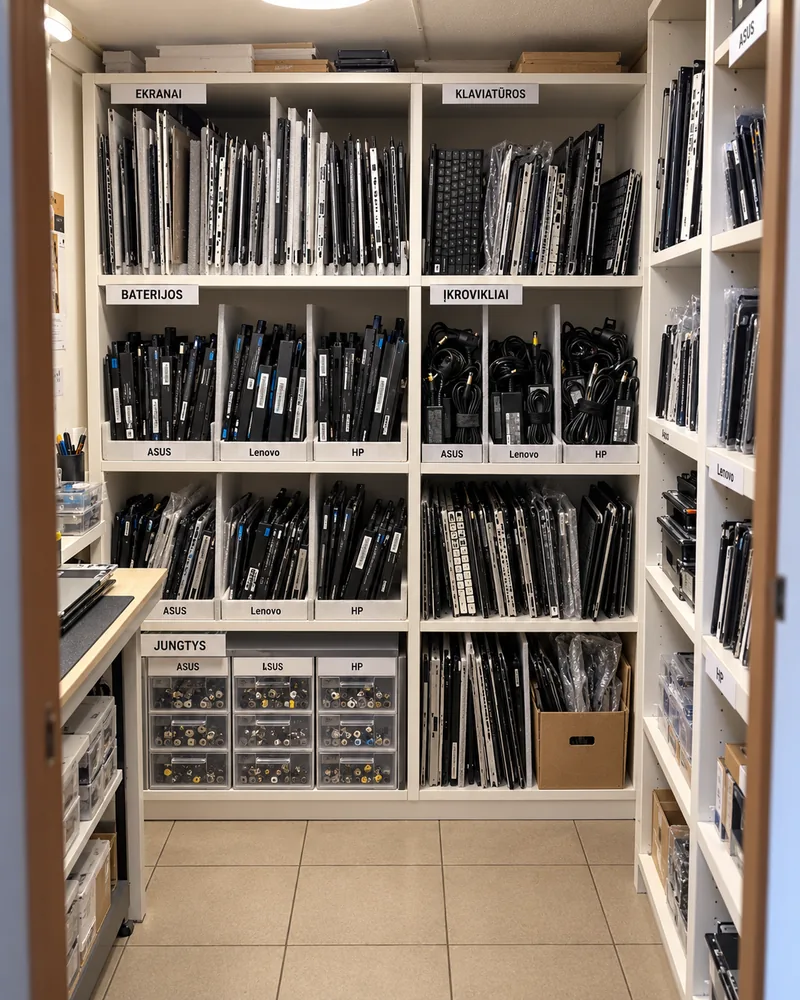 Illustration of shelves with computer screens, keyboards and batteries